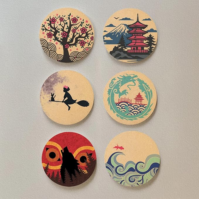 Coasters for Drinks with Holder Set of 6, Japanese Cork Coasters Absorbent Animation for Office Desk Cup Table Coaster Kitchen Decor Inspired House Warming Gifts for New Home Couples, Round 4"