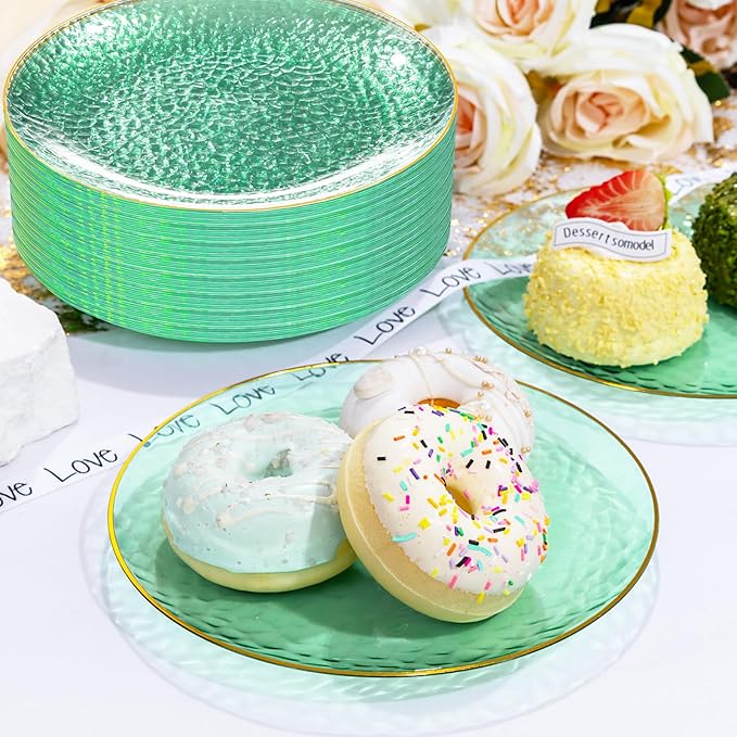 Rubtlamp 100 Pcs Clear Green Plastic Plates, Gold Hammered Plastic Salad Platos, Green Disposable Platos With Gold Rim,7 Inch Dessert Platos Disposable, Dessert Appetizer Platos