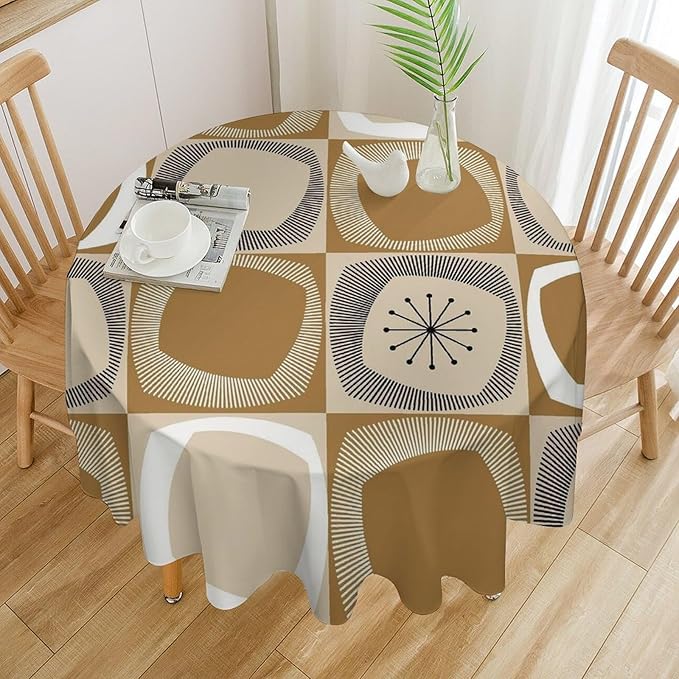 Mid Century Round Tablecloth, Retro Geometric Colorful Squares Abstract Boho Vintage 50s 60s Tablecloth for Home Party Dining Room Kitchen Decor 60Inch(152cm)
