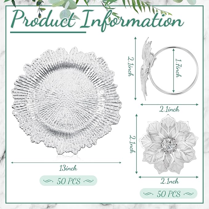 Dandat 100 Pcs Charger Plate Bulk 13'' Floral Reef Plates with Napkin Ring Plastic Dinner Charger Hollow Out Flower Napkin Holder Plastic Plate for Table Setting Wedding Party (Silver)