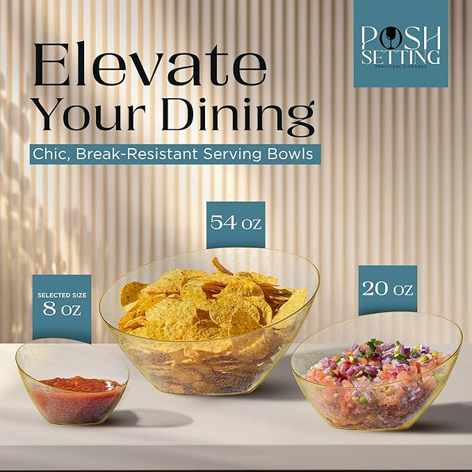 Posh Setting Gold Plastic Serving Bowls - Angled, Disposable for Chips, Candy, Salad, Fruit - Wedding and Party Table - Gold Glitter, 8 OZ, 5 Pack