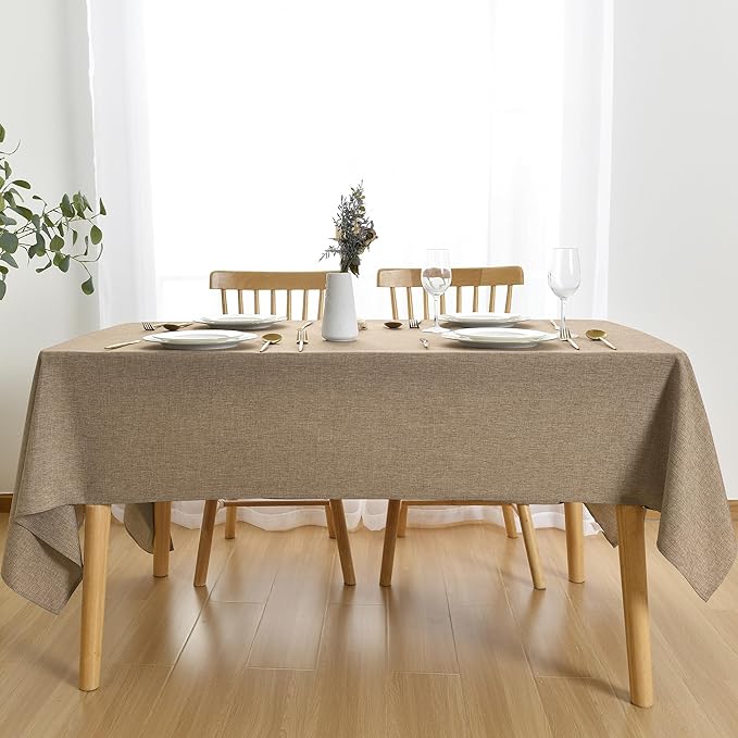 JIUZHEN Faux Linen Farmhouse Tablecloth Rectangular, Wrinkle Stain Resistant Table Cloth Rectangle Table Cover for Kitchen Dining, Holiday Party Dinner, Khaki, 54 x 108 Inch