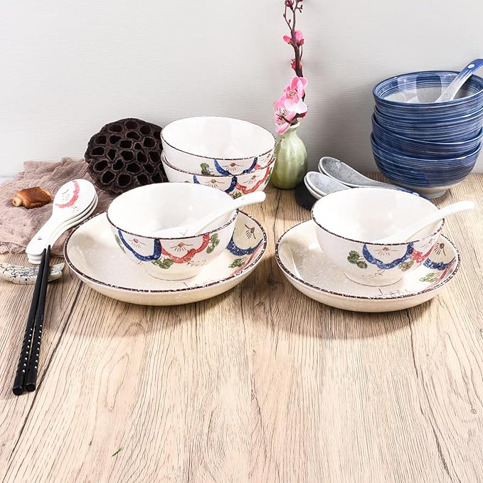 4-Piece Japanese Ceramic Dinnerware Set, Plate, Dish, Bowl, Spoon, Japanese Hand-painted Tableware set, A Good Tableware (WC)
