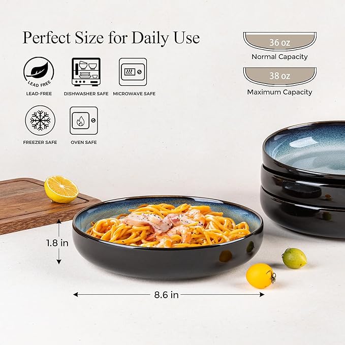 LERATIO 8.5'' Large Ceramic Pasta Bowls, 36oz Pasta Serving Bowls Set of 4 for Kitchen, Wide Bowls for Fruit,Pasta,Salad,Oatmeal,Meal, Microwave Safe, Reactive Glaze-Gray White