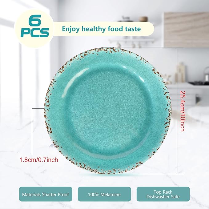 Gourmet Art Crackle 10 Inch Melamine Dinner Plates Set of 6 Aquamarine