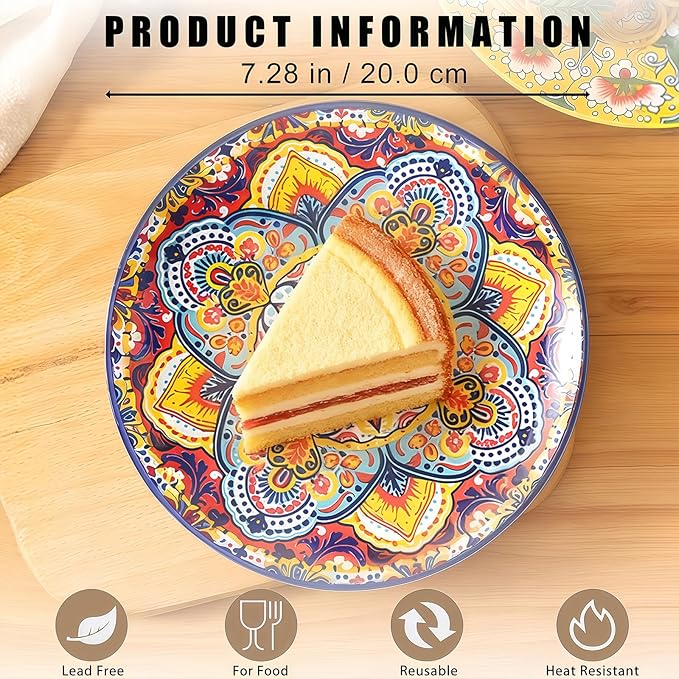6piece Bohemian ceramic plates 8inch pasta plates spacious, suitable for microwave oven and dishwasher perfect for holiday parties and family gatherings