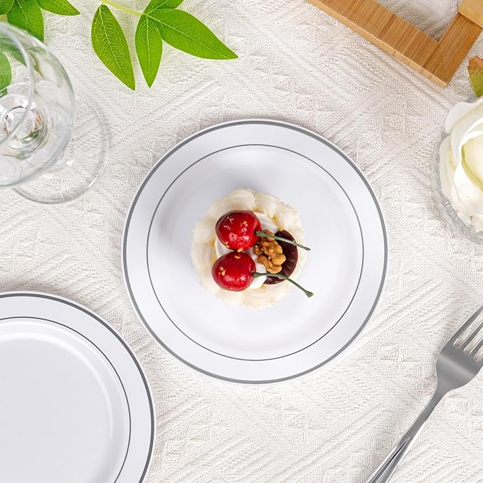 bUCLA 200PCS Silver Plastic Plates - 6.25inch White with Silver Trim Disposable Salad/Dessert/Appetizer/Small Cake Plates - Ideal for Wedding & Party