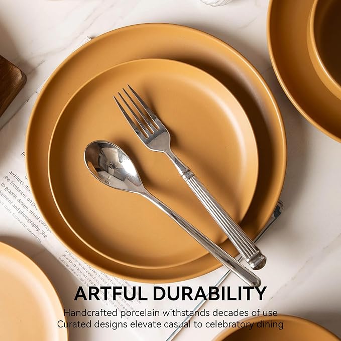 12-Piece Stoneware Dinnerware Set with Mugs | Microwave and Dishwasher Friendly | Stackable Matte Glaze Plates & Bowls | Service for 3 (Orange for 4)