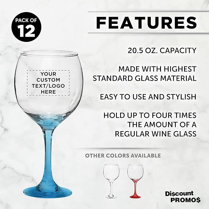 Custom Premiere Wedding Wine Glasses 20.5 oz Set of 12, Personalized Bulk Pack - Restaurant Glassware, Perfect for Red Wine or White Wine - Blue
