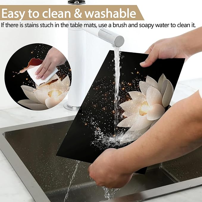 Placemats Set of 6 Lotus Flower Place Mats Washable Kitchen Dining Linen Table Mats Stain Heat, for Home Party Indoor 12x18 in