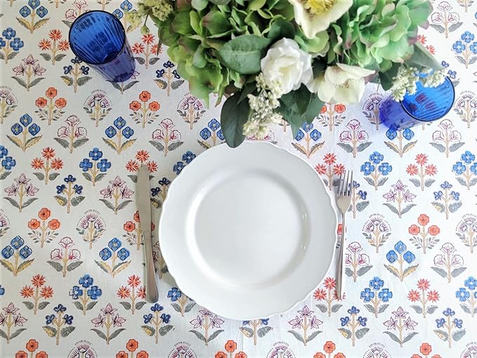 ATOSII Flora Bloom 100% Cotton Rectangle Boho Fall Tablecloth, Handblock Floral Table Cloth Linen for Kitchen Dining I Parties Wedding Outdoors Christmas Thanksgiving I 72 X 108 Inches I 8 Seater
