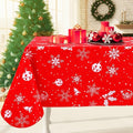 Smiry Christmas Rectangle Table Cloth, Waterproof Vinyl Tablecloth with Flannel Backing, Wipeable Bell & Snowflake Plastic Tablecloths for Christmas Table Decorations, (60"x120", White & Red)