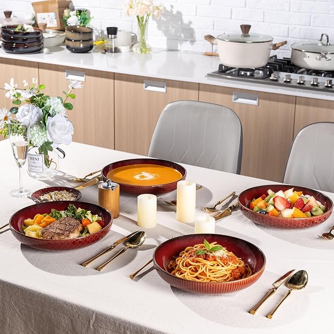 GBHOME 9.5'' Large Pasta Bowls, 42 Ounce Stoneware Salad Bowls for Kitchen, Ceramic Serving Bowls With Textured Pattern for Pasta,Fruit, Stews,Noodle, House-warming Gift,Set of 4-Burgundy Red