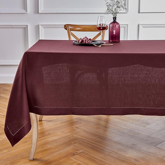 Solino Home Linen Burgundy Tablecloth 60 x 108 Inch - Classic Hemstitch, 100% Pure Linen Rectangular Tablecloth - Machine Washable Table Cloth for Valentines, Winter