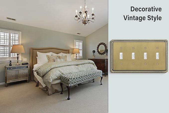 Henne Bery Rope Edge Decorative Wall Plate Switch Plate Outlet Cover (Quad Toggle, Antique Brass)