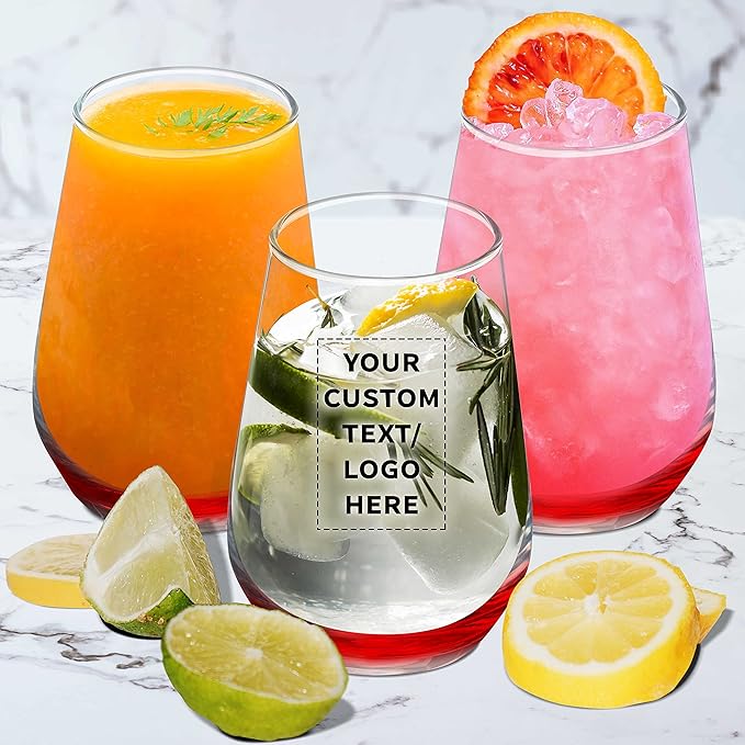 DISCOUNT PROMOS 50 Vaso Silicia Stemless Wine Glasses Set, 16 oz. - Personalized Text, Logo - Clear, Orb-Like, Thick base - Red