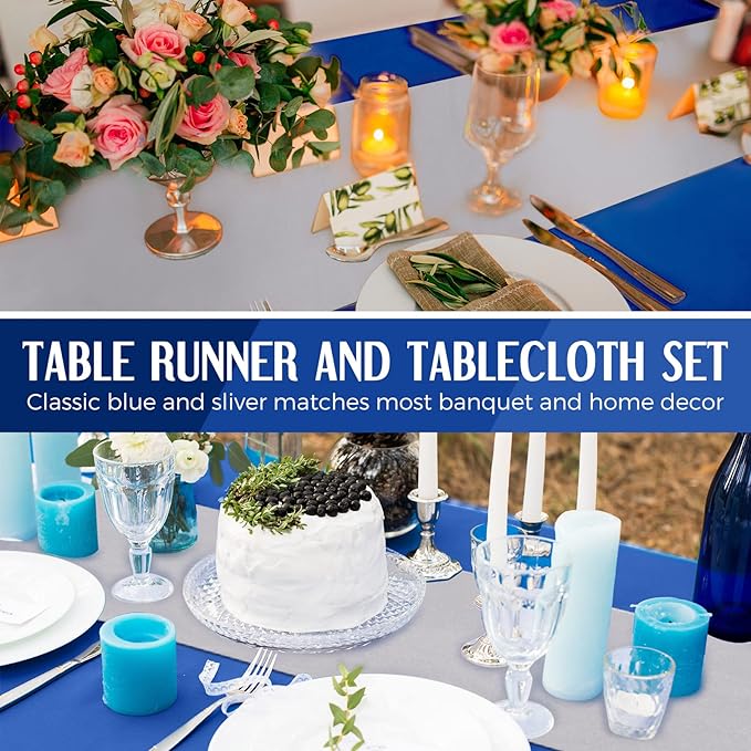 Breling 8 Pack Navy Blue and Silver Disposable Plastic Tablecloths and Satin Table Runner, 54 x 108 Inch Tablecloth, 12 x 108 Inch Table Runners for Wedding Graduation Birthday Baby Shower New Year