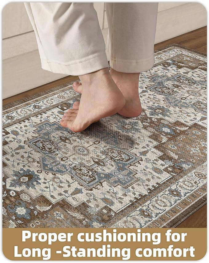 Color&Geometry Anti Fatigue Kitchen Mats for Floor 24x87, Vintage Decor, Easy Clean, Waterproof & Oil Proof, 0.4" Thick Cushioned, Non-Slip Kitchen Runner Rug for Sink, Laundry, Office, Brown