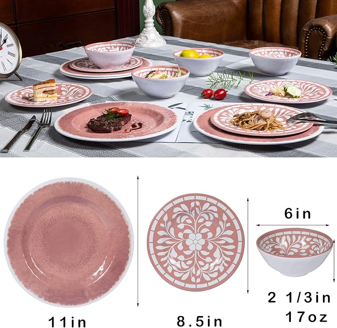 Melamine Dinnerware Sets - 12 Pcs Plates and Bowls Set,Unbreakable Dinner Dishes Set for 4,Lightweight, Dishwasher Safe, BPA Free,Indoor Outdoor use, Pink