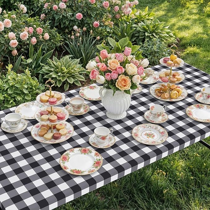 Smiry Rectangle Picnic Table Cloth, Elastic Waterproof Fitted Vinyl Tablecloths, Flannel Backed Buffalo Plaid Table Covers for Dining, Camping, Outdoor (Black and White, 36" x 60")