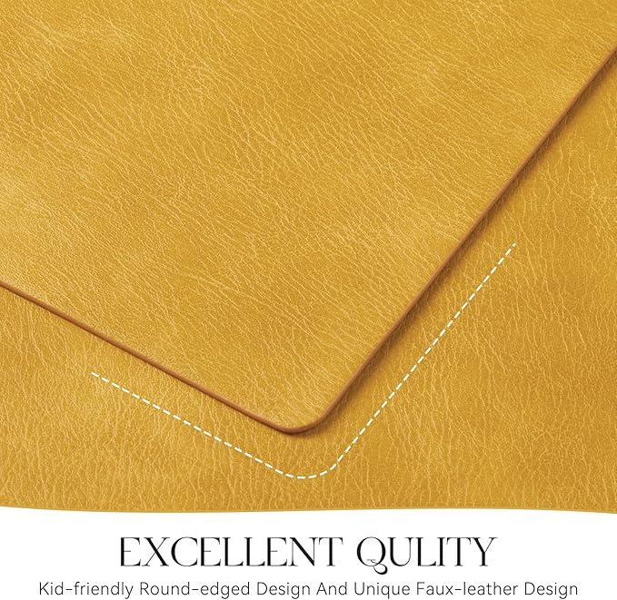 MOSAYT Vinyl Placemats Set of 4-12 X 17 Inch - Faux Leather 100% Waterproof Oil-Proof Wipeable PU Place Mats, Heat Resistant Reversible Table Mats for Kitchen, Dining, Outdoor (Yellow)
