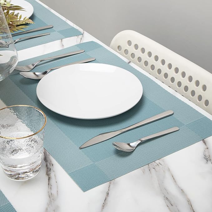Winknowl Placemats Set of 4, Washable Vinyl Woven Placemats, Heat Resistant & Wipeable Table Mats for Kitchen Dining Table (Sky Blue)