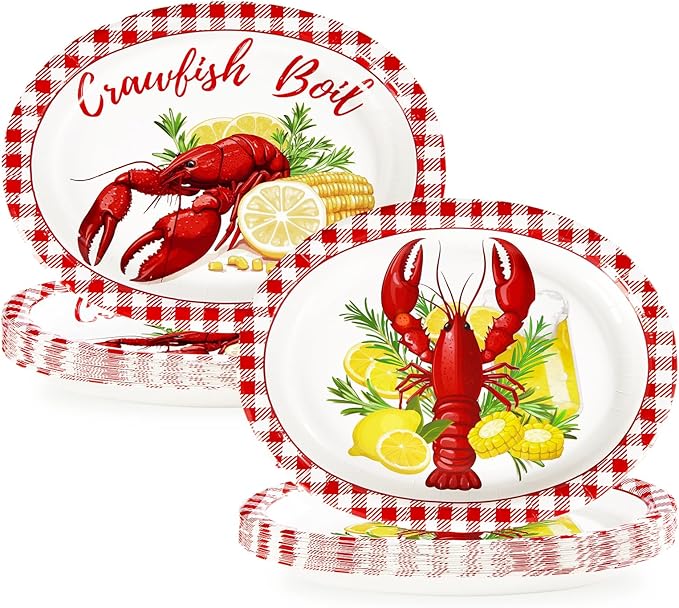 Grencian 50 Pcs Crawfish Boil Party Supplies 10” x 12” Lobster Boil Oval Paper Plates Large Disposable Crawfish Red Gingham Tableware Set for Baby Shower BBQ Summer Picnic Barbecue Cookout Carnival
