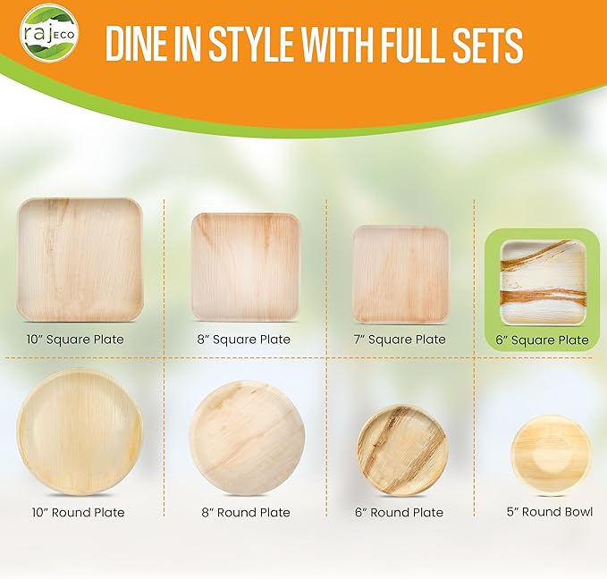 Raj Palm Leaf Plates Bulk [50-Pack] 6" Square Plates(4 CASES - 200 PACK) like Bamboo plates Disposable, Strong, Decorative Compostable Tableware for weddings, Lunch, Dinner, Birthday,Outdoor
