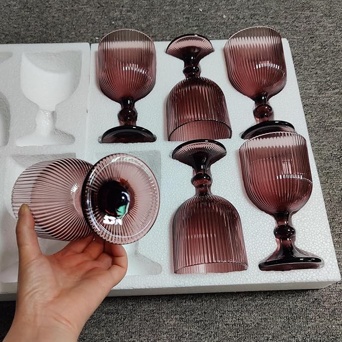 Purple Glasses Drinking Water Goblets set of 6 Colored Wine Glasses 13oz Pink Vintage Glassware for Wedding Party Bar Vertical Line Embossed Pattern Stemmed Cups 400ml