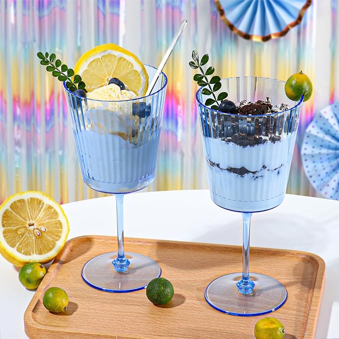 24 PCS Blue Ribbed Plastic Wine Glasses 13.5 OZ Ribbed Wine Glasses Detachable Wine Glass Elegant Fluted Glassware Vintage Style for Wedding Anniversary Birthday Dinner Parties(Blue, 24 Pack)
