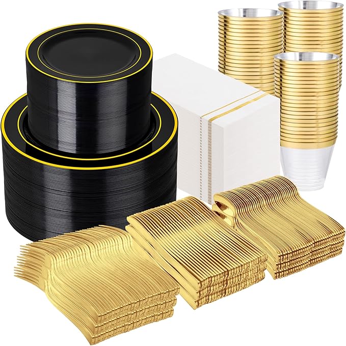 GATHER 700PCS Black Plastic Plates - Gold Disposable Plastic Dinnerware Set Include 200 6.3inch/9inch Black Plates, 300 Silverware, 100 Napkins, 100 Cups for Party & Wedding & Birthday