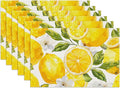 Watercolor Lemon White Flower Placemats Set of 6, Linen Place Mat Washable Stain Resistant Table Mats for Farmhouse Kitchen Dining Party Wedding Decor 12x18 Inch