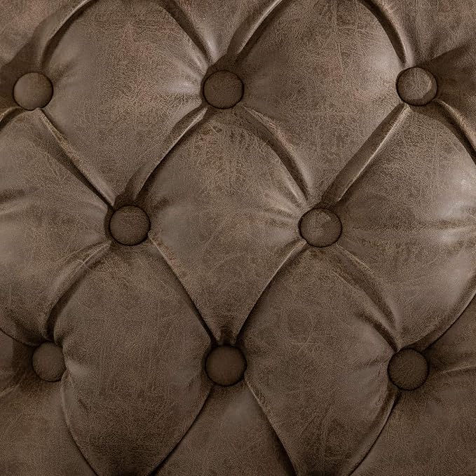 Ball & Cast French Vintage Upholstered Dining Chairs Set of 2, Button Tufted Kitchen Side-Chairs with Carved Antique Wood Frame & Nailhead Trims, PU-Leather Curved Backrest Louis Chair, PU Brown