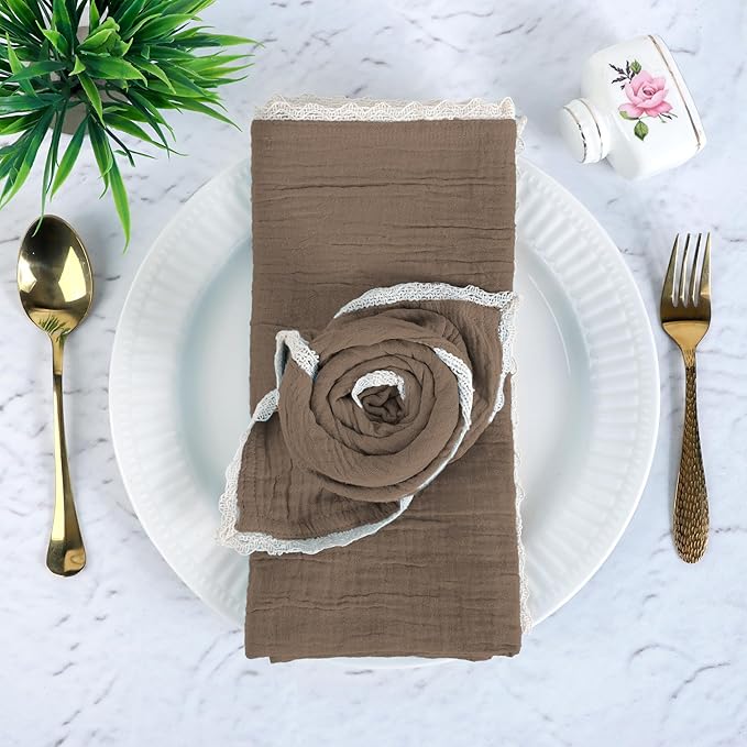 FINGERCRAFT Dinner Cloth Napkin Cotton Muslin Double Gauze 12 Pack with Classic Lace for Everyday Use, Wedding, Party, Christmas, Easter Napkins Cloth are Pre Shrunk and Good Absorbency Taupe