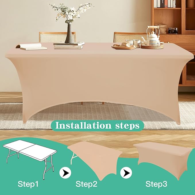 6Pack 8FT Table Cloth for Rectangular Fitted Events Stretch Champagne Table Covers Washable Spandex Tablecloth Protector for Party, Wedding, Cocktail, Banquet, Festival
