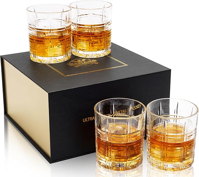 KANARS Crystal Whiskey Glasses - 10 Oz Rock Glasses in Luxury Gift Box - Set of 4 Lowball Bourbon Glass Tumbler for Birthday, Wedding Anniversary, Valentine's Day and Retirement