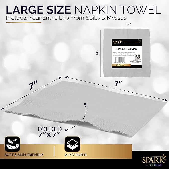 Cocktail Napkins Disposable, Silver Beverage Napkins Soft and Absorbent Paper Napkins for Dinner, Party, Wedding, Or Every Day Use, 7” x 7” 2 Ply Party Napkins, Pack of 40 - By Amcrate