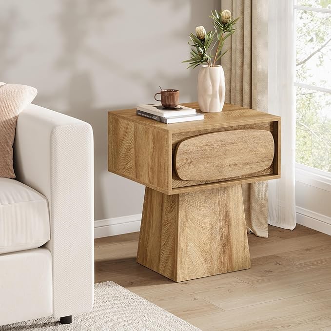 Tribesigns Side End Table Set of 2 with Storage Drawer for Living Room, Bedroom and Indoor Use, Modern Mid-Century Farmhouse Bed Side Table with Curved Handle, 2 Night Stand Easy Assembly Natural