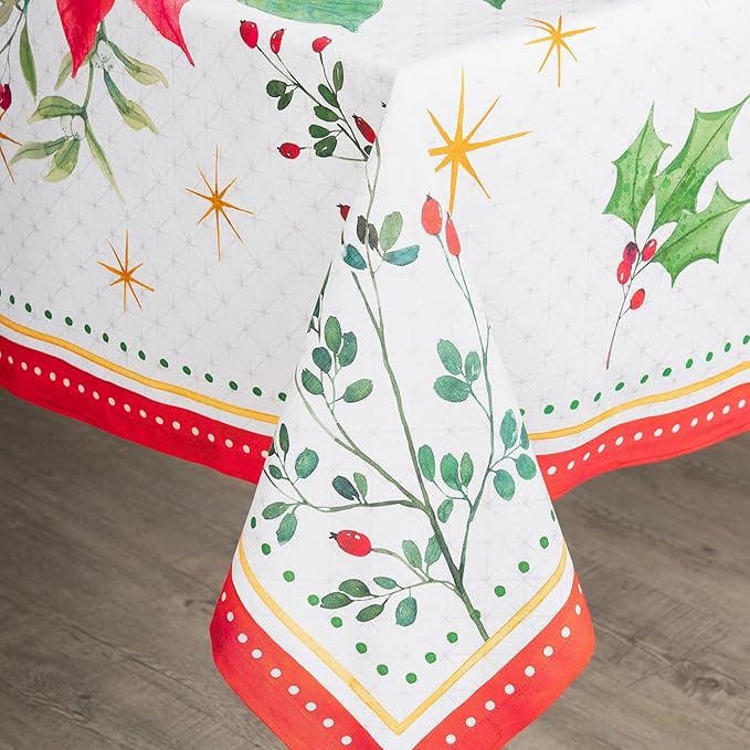 Maison d' Hermine Table Cloth Rectangle Table 100% Cotton 70 x 140 Inches Fall Tablecloth Reusable Everyday Use for Thanksgiving Christmas Decorations Dining Farmhouse Party (Poinsettia Christmas)