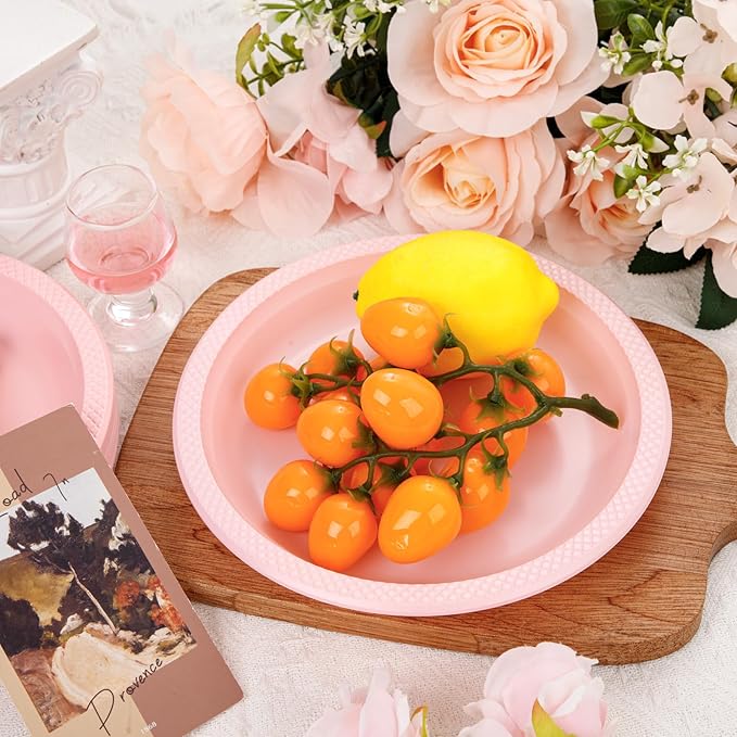 WELLIFE Pink Plastic Plates 9 Inch -150 Count for Party, Disposable Plastic Party Plates for Valentine's Day Easter Mother's Day Baby Shower Dinner Dessert Cake Light Pink