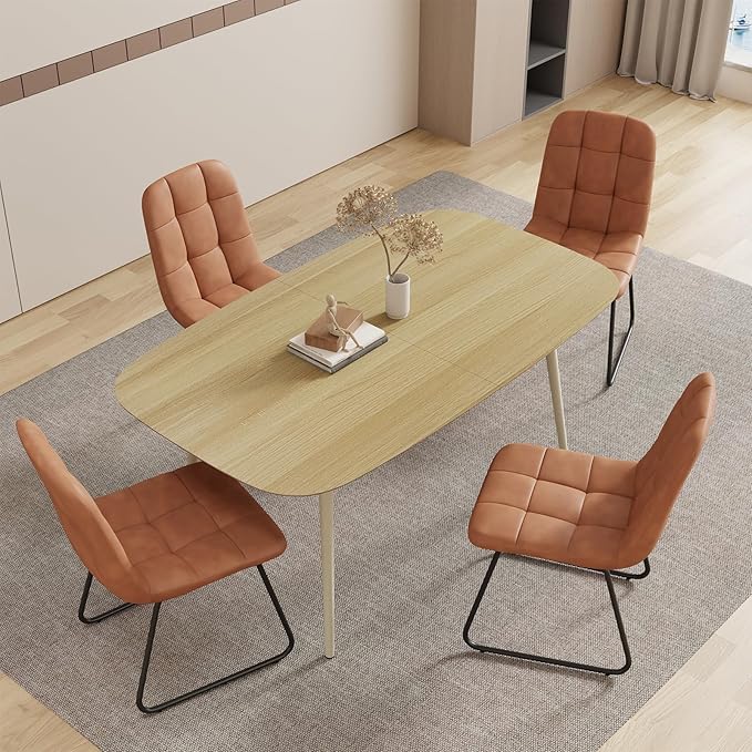 55.1'' Dining Table Set for 4,Modern Wood Dining Table,Leather Dining Chairs 4,Table and Chairs Set of 4,Ideal for Kitchen Dining Room (Cat Scratch Table + 4 U-Shaped Brown Chairs, 55.1")