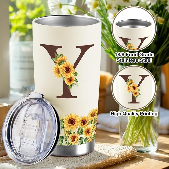 Sunflower Gifts for Women - Personalized Christmas Gifts for Women - Birthday Gift for Woman - Mothers Day Gift for Mom - Monogrammed, Initial 20oz Travel Cup Insulated Tumbler with Lid, Y