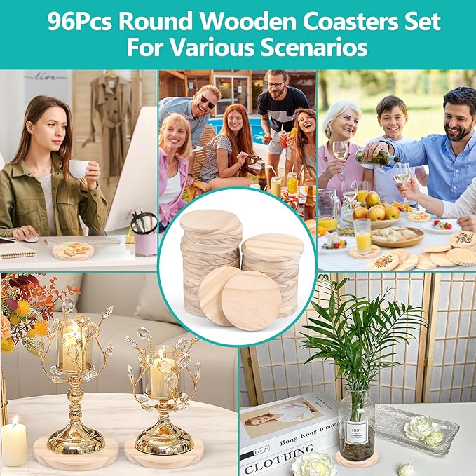 Adrattnay 96Pcs Unfinished Wood Coasters, 4" Round, Beige Pine Wood Drink Coasters with Non-Slip Dot for Tabletop Protection