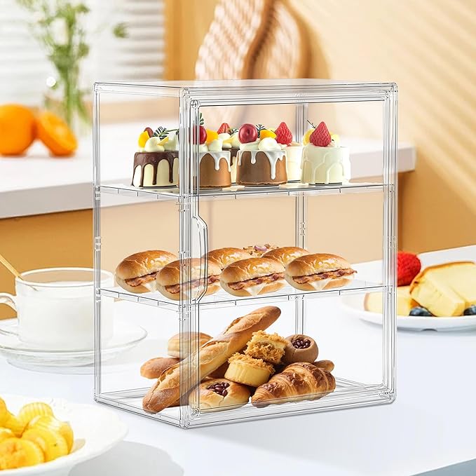 Attelite Pastry Display Case, Large Bread Box for Kitchen Countertop, 3 Layers Adjustable Clear Bread Storage with Magnetic Door, Bread Container for Bread, Bagel, Donut