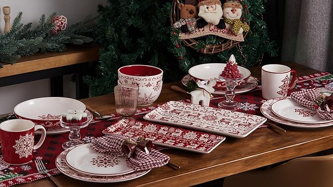 Bico Holly Jolly Salad Plates Set of 4, 8.75 Inch Ceramic Dessert Plates for Salad, Appetizer, Side Dishes, Microwave and Dishwasher Safe, Gift for Housewarming and Christmas