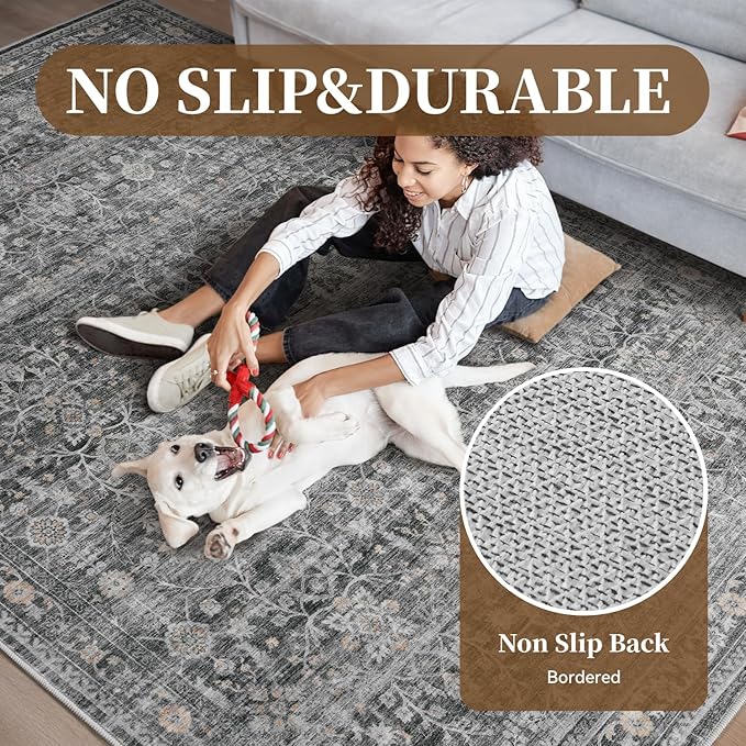 MontVoo-Vintage Area Rugs 8X10 Darkgrey Rugs for Living Room-Soft Distressed Printed Rugs for Bedroom-Non Slip Carpet-Machine Washable Rug for Dining Room Living Room Bedside Office