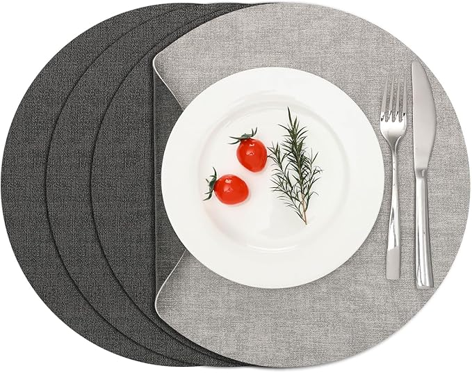Myir JUN Reversible Vinyl Round Placemats Set of 4, Faux Leather Place Mats Dual Sided Waterproof Oilproof Wipeable, Heat-Resistant Table Mats for Kitchen Dining Indoor Outdoor (14", Light Gray Gray)