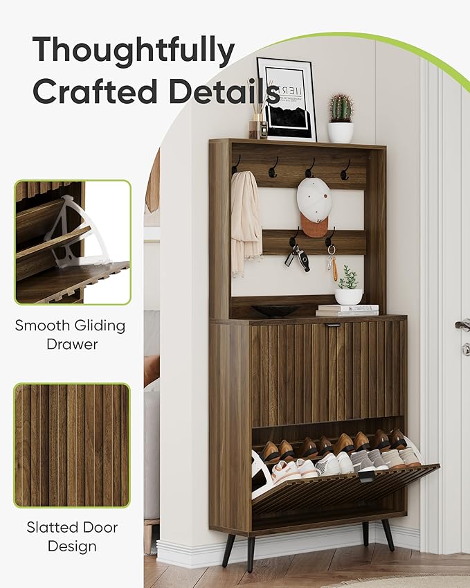 Tall Shoe Cabinet with Coat Rack,Fluted Shoe Cabinet Storage for Entryway, Walnut Hidden Shoe Cabinet with Metal Legs,Shoe Organizer Cabinet, Slim Entryway Shoe Storage Cabinet （31.5in）