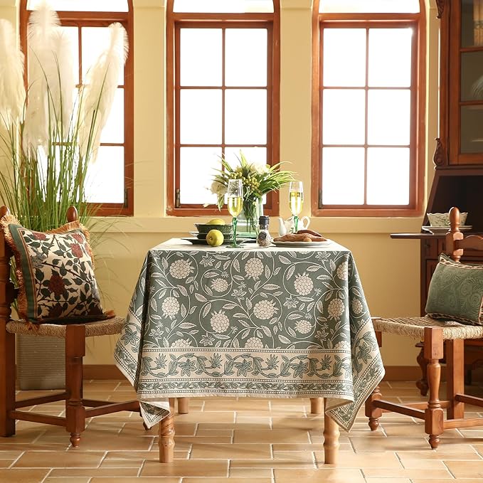 ISAENNE Designer Grayish Green Linen Extra Long Tablecloth Rectangle,Floral Stain Resistant Table Cloth,Fall Vintage Decor Tablecloths for Dining Thanksgiving Kitchen,63"*110"-Andrew A