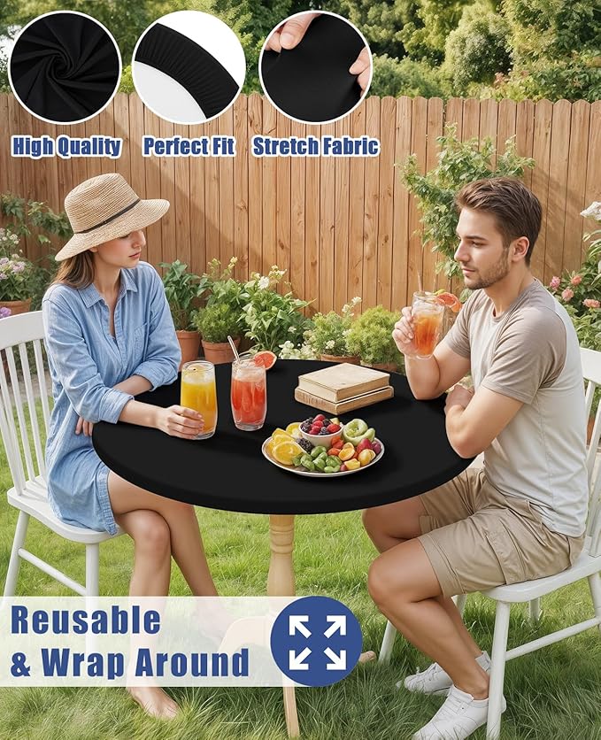 Round Spandex Tablecloth, Elastic Fitted Waterproof Tablecloths for 25"-30" Tables, Stretch Washable Picnic Table Cover for Camping, Dining, Indoor and Outdoor, Black